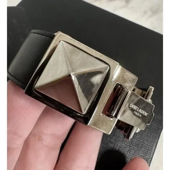 Auth Saint Laurent YSL Black Leather Stud Bracelet Small Sized Metal - Picture 5 of 16